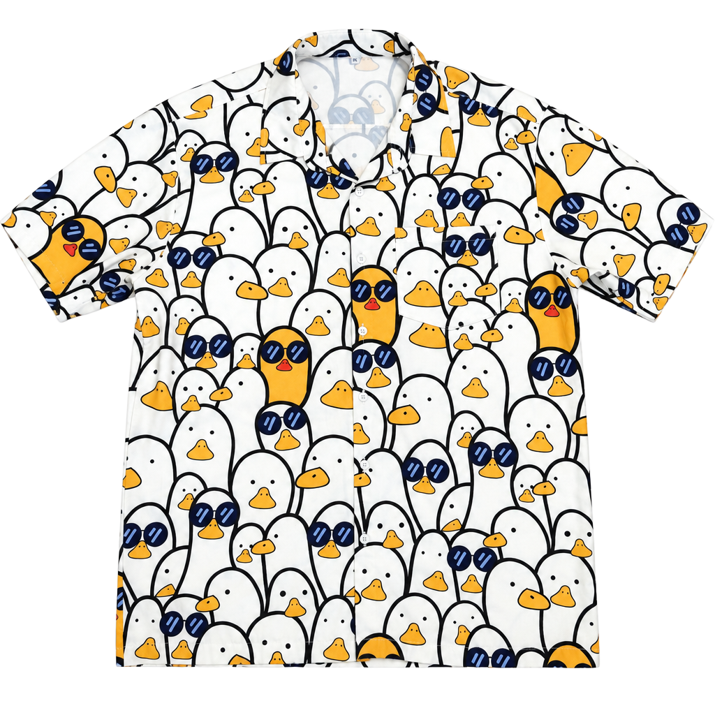 Men’s XL Duck Print Button Up Shirt White Yellow Sunglasses Novelty 1