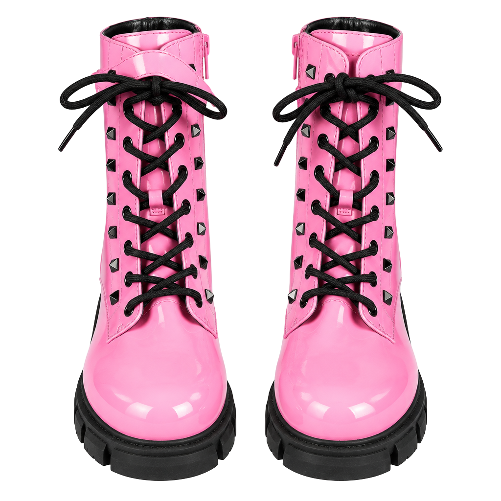 GUESS Women’s Deepen Combat Boots Size 8M Pink Patent Studded NWT Style 1
