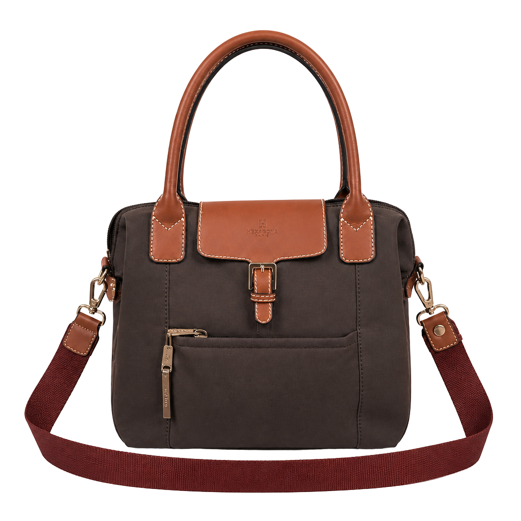 Hexagona Paris Brown Nylon and Leather Trimmed Satchel Handbag 1