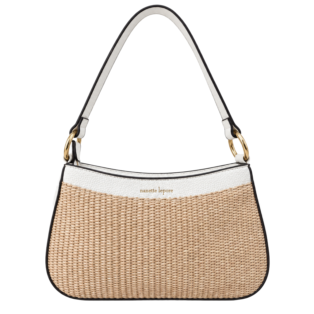 Nanette Lepore Shoulder Bag Beige Rattan Straw White Faux Leather 1