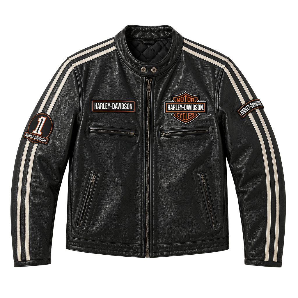 Classics Men's Perforated Black Leather Motorcycle Jacket with Racing Stripes 1