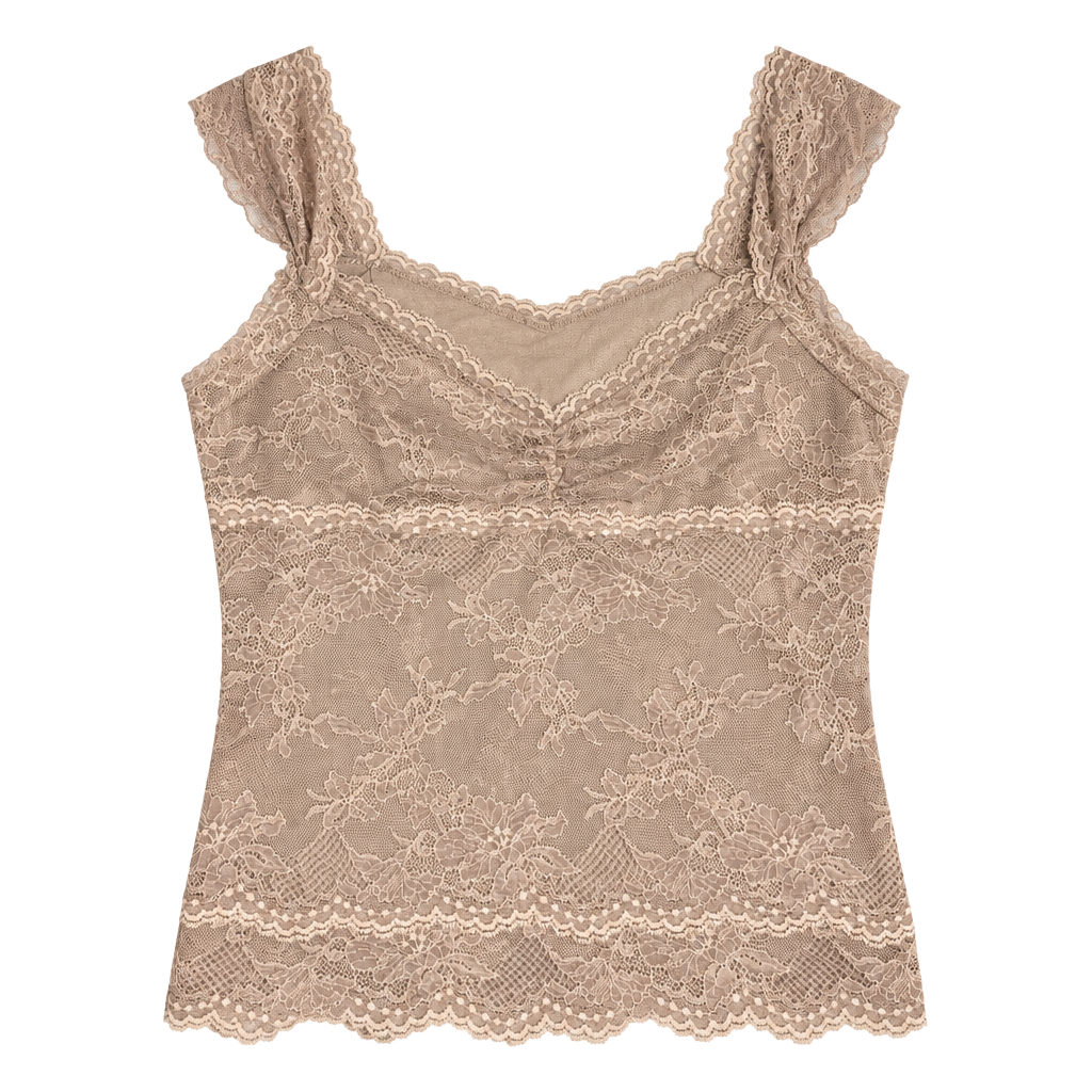 MOTH Anthropologie Y2K Taupe Floral Lace Cami Top Cap Sleeve Ruched Romantic 1
