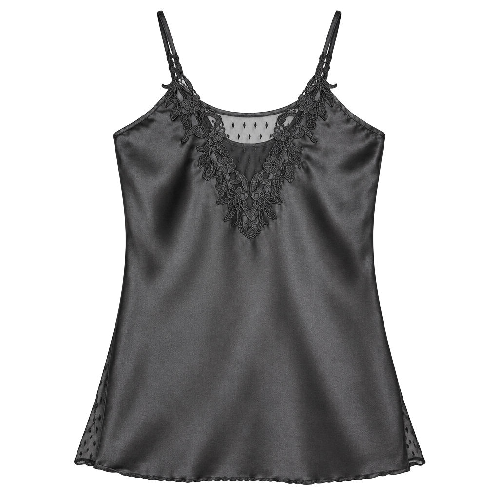 Flora Black Satin Lace Chemise Slip Lingerie 1