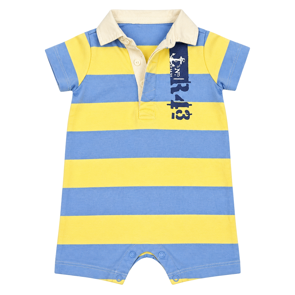 Ralph Lauren Baby Boy Striped Rugby Shortall Romper Size 9M Blue Yellow 1