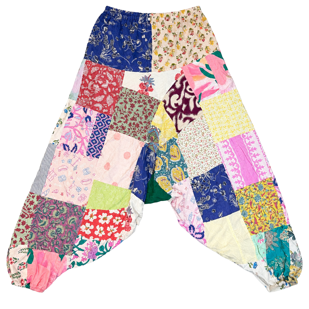 Boho Patchwork Drop Crotch Harem Pants Multicolor Cotton Elastic Waist 1