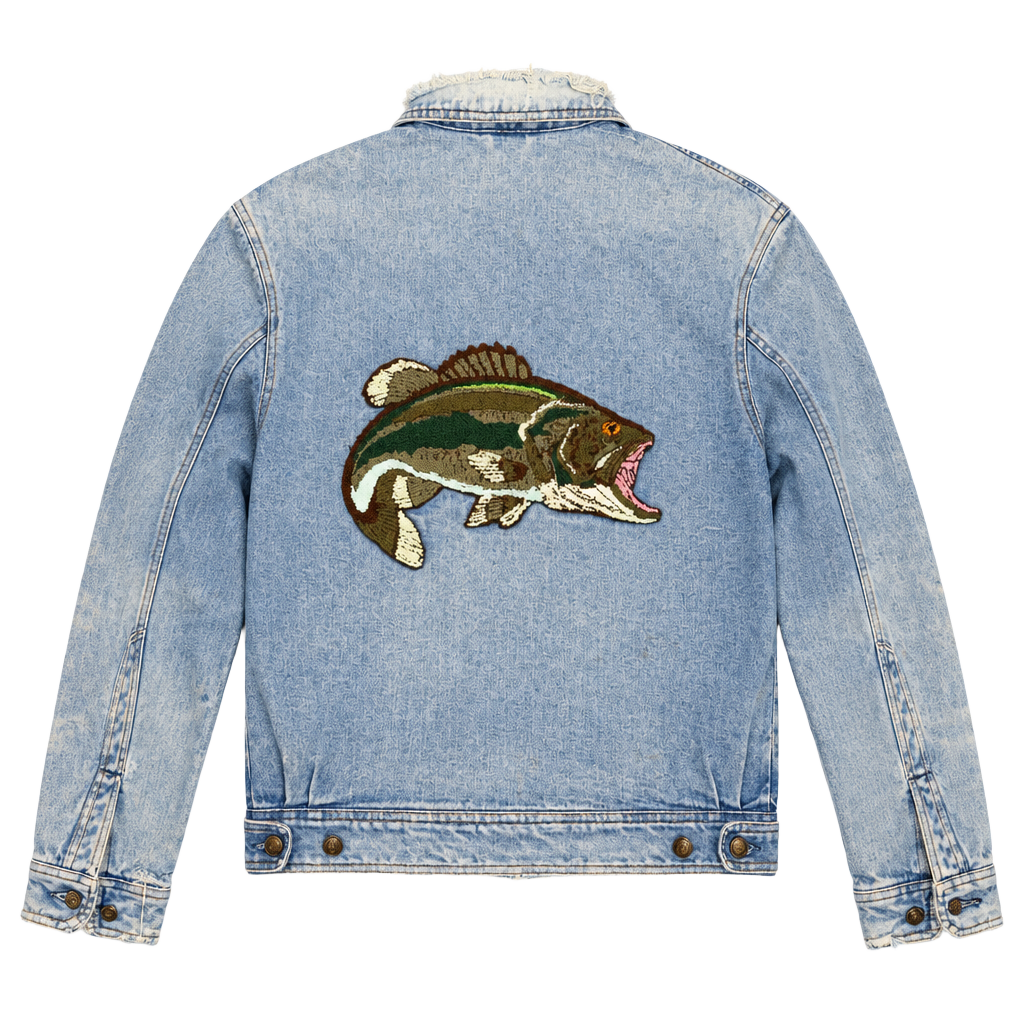 Vintage 90s Denim Jacket Bass Fish Chenille Patch Distressed Grunge Size S 1