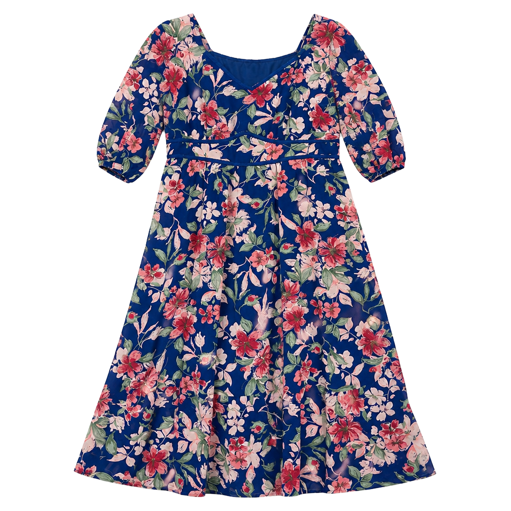 Bloomchic Midi Dress US 14-16 Blue Floral Print Chiffon Ruffle Hem 1