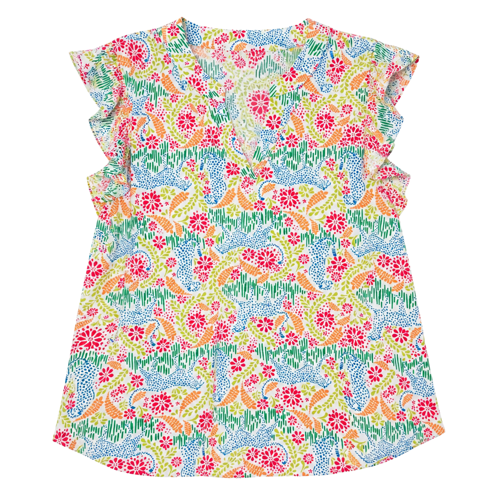Dear Scarlett Flutter Sleeve Top Size L Multi-Color Abstract Floral 1