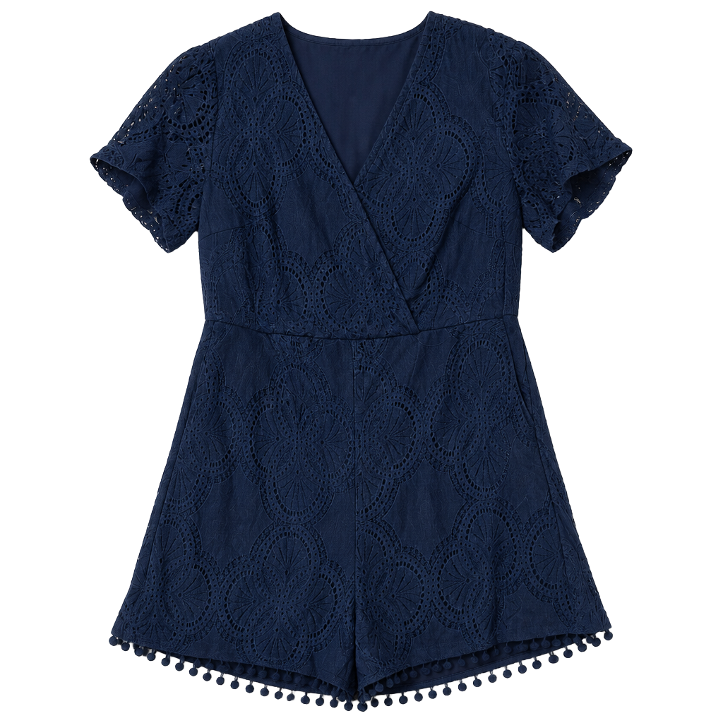 BloomChic Romper Size US 14-16 Navy Blue Lace Pom Pom Trim V-Neck Shorts 1