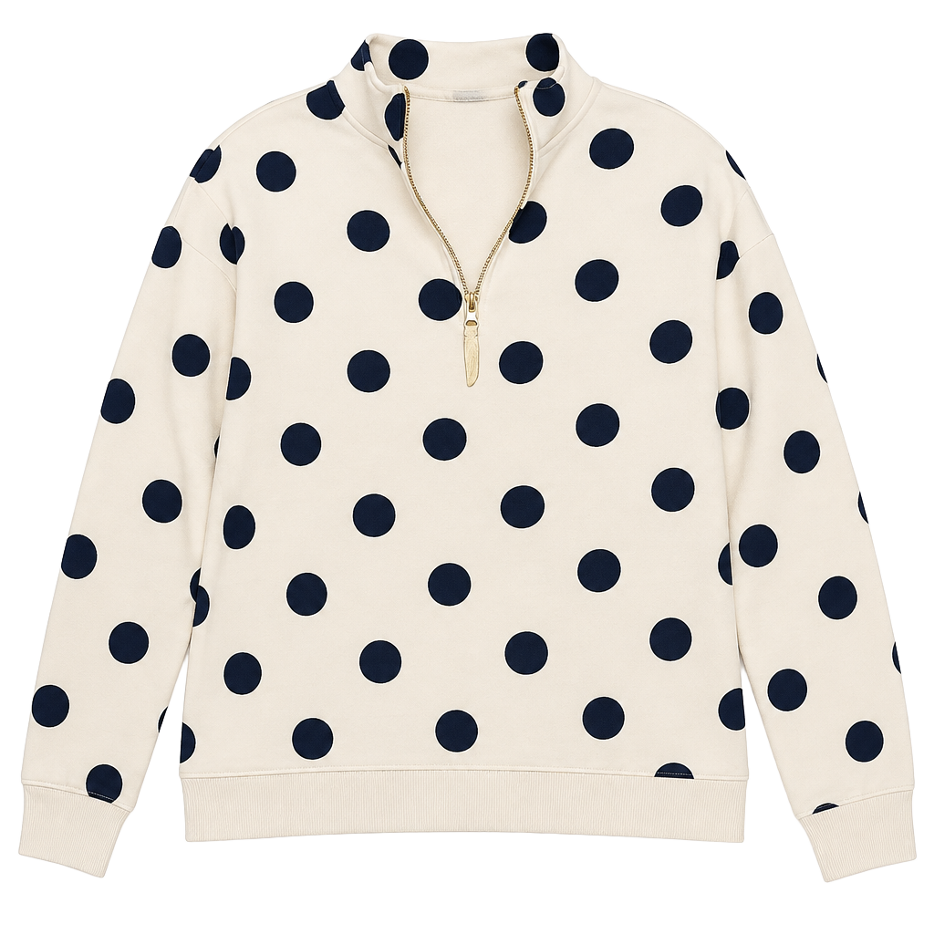 Zenana Polka Dot 1/4 Zip Pullover Sweatshirt Size L White Blue 1