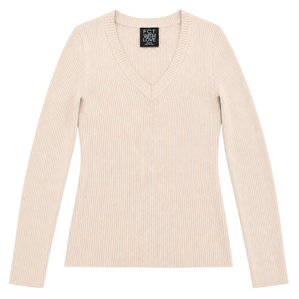 Fct With Love Ribbed V-Neck Sweater Size Medium Beige 1