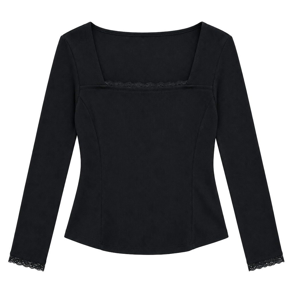 Jessica Simpson Aleera Ribbed Knit Top Size L Black Lace Trim Long Sleeve 1
