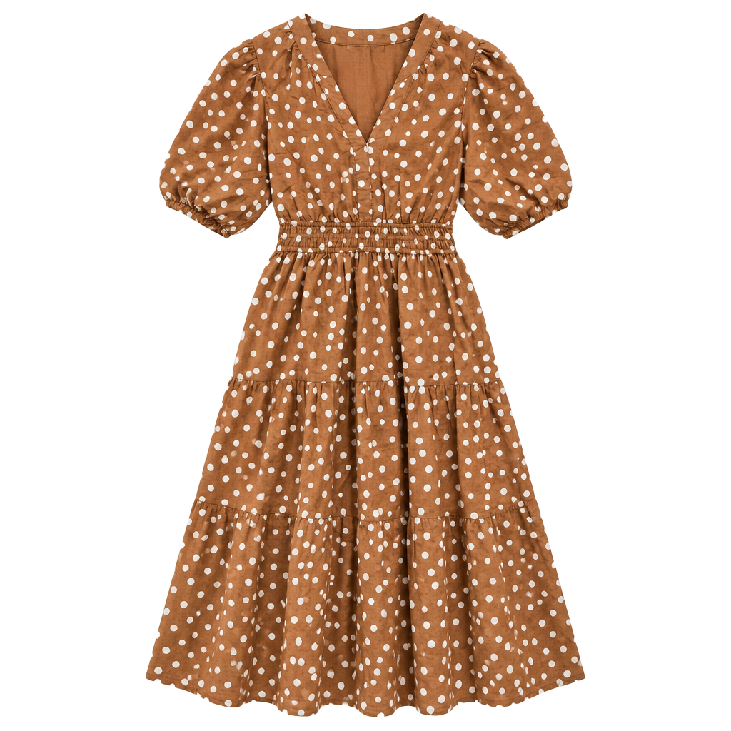 Harlow & Rose Polka Dot Midi Dress Size M Brown Puff Sleeve V-Neck Tiered Skirt 1
