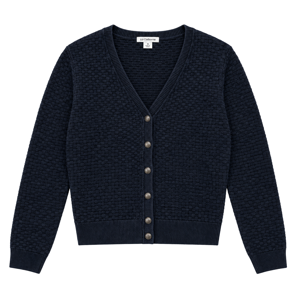 Liz Claiborne Cardigan Size L Black Cotton Snap Basket Weave 1