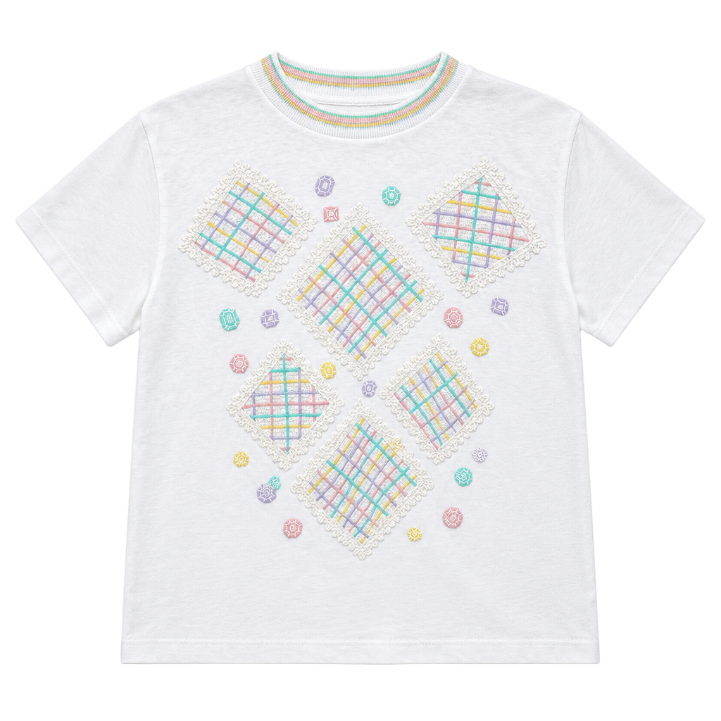 Vintage Cricket Lane T-Shirt Size White Embroidered Lattice Pastel 1