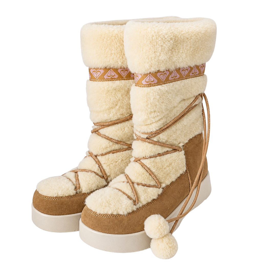 RARE Y2K Roxy Snowdrift Suede and Faux Fur Moon Boots w/ Pom Poms 1