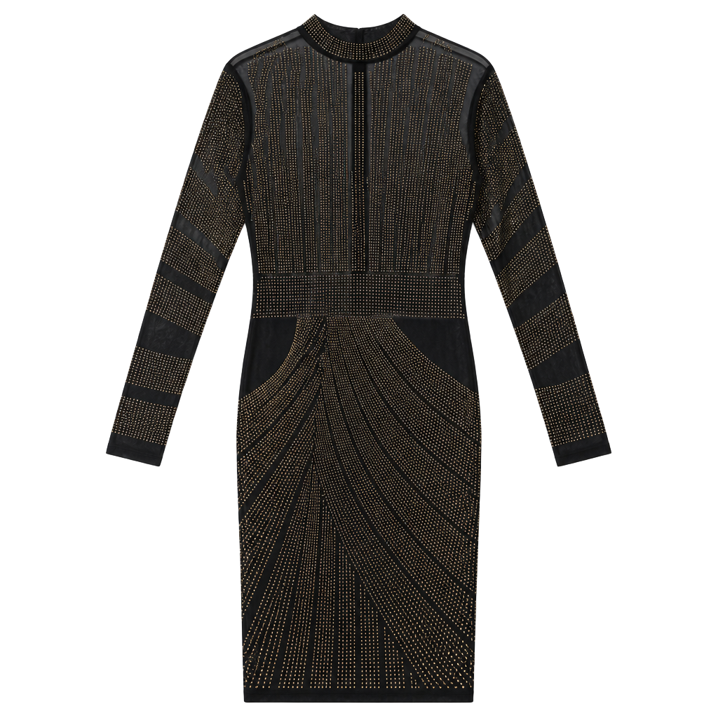 Black Long Sleeve Rhinestone Studded Sheer Mesh Party Dress 1