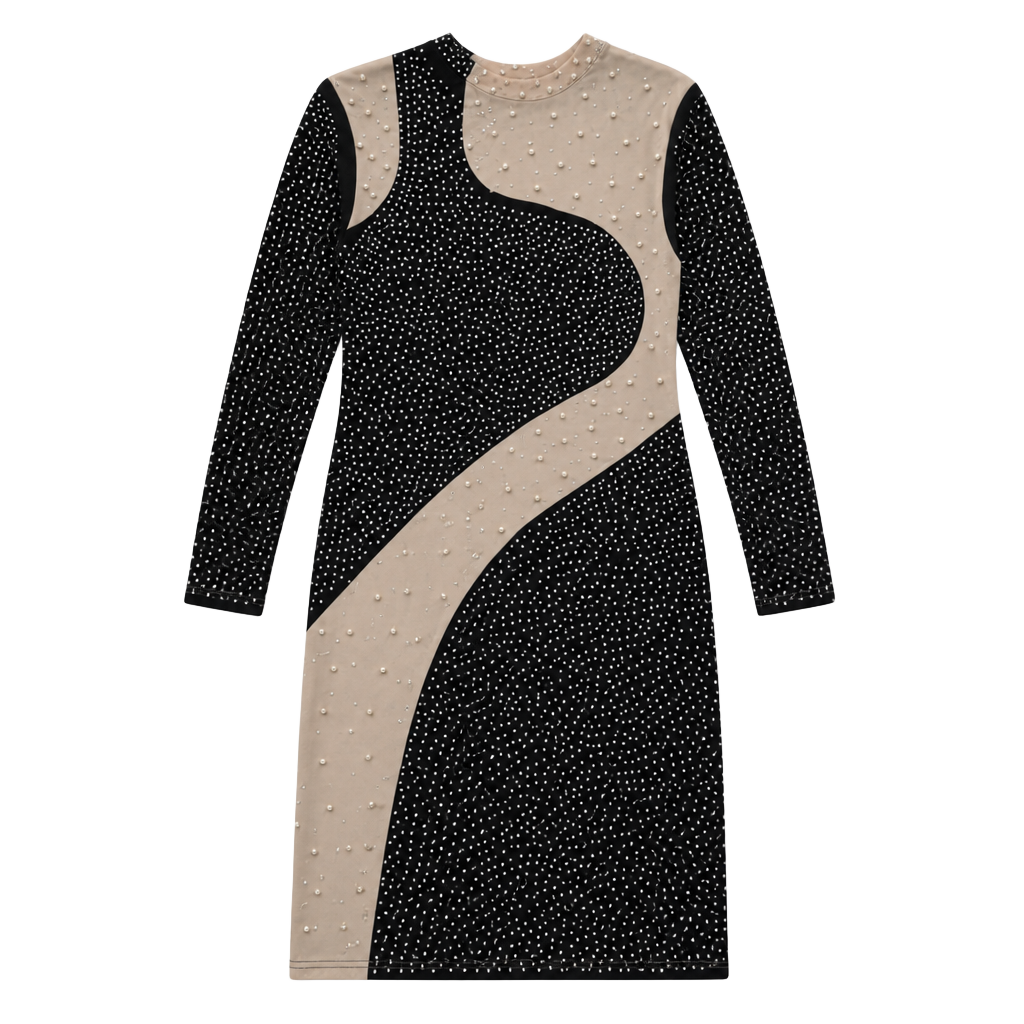 Black and Nude Mesh Rhinestone Pearl Long Sleeve Mini Dress 1