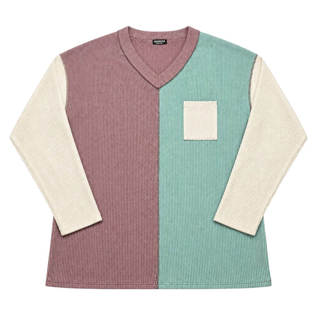 Heimish USA Colorblock V-Neck Waffle Knit Top Size L Long Sleeve Pocket 1