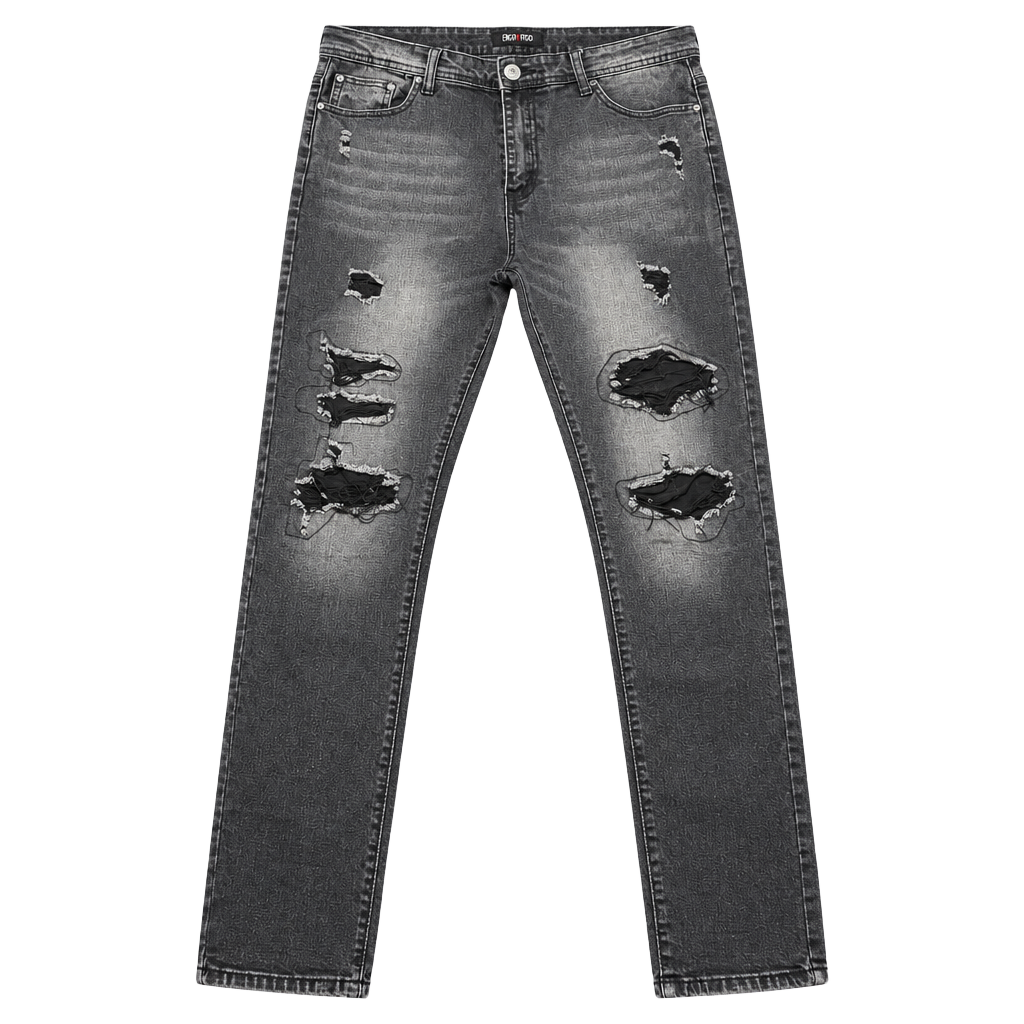 Encrypted Distressed Slim Fit Jeans Grey Black 1