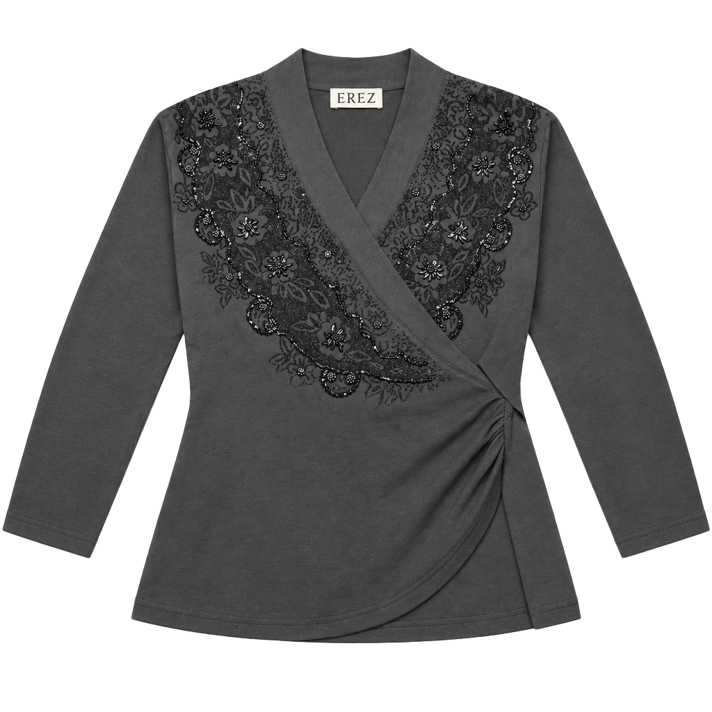 Erez Black Beaded Wrap Blouse 1