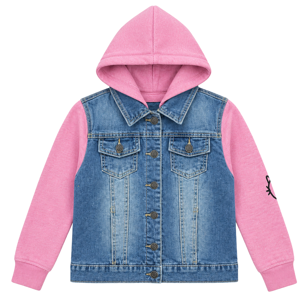 Vigoss Denim Jacket With Pink Sleeves And Hood Size 10/12 Cat Embroidered 1