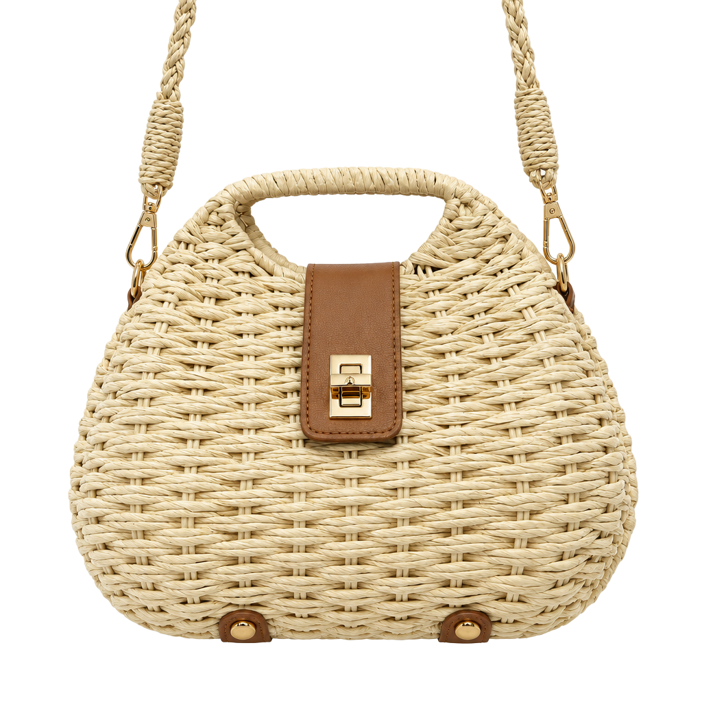 Unbranded Woven Straw Dumpling Crossbody Bag Beige Brown Lock Clasp Summer 1
