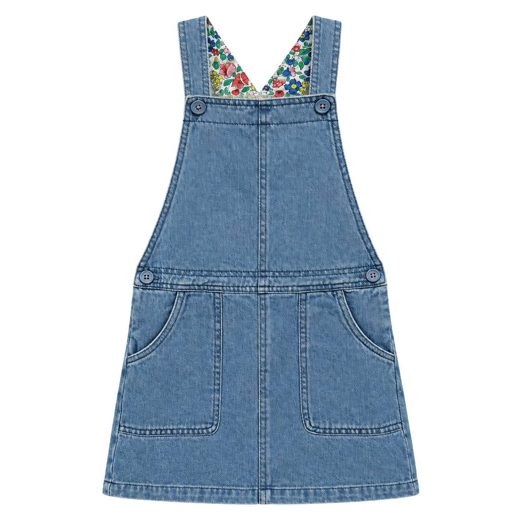Mini Boden Denim Jumper Dress Size 7-8Y Floral Lining Blue Pinafore 1