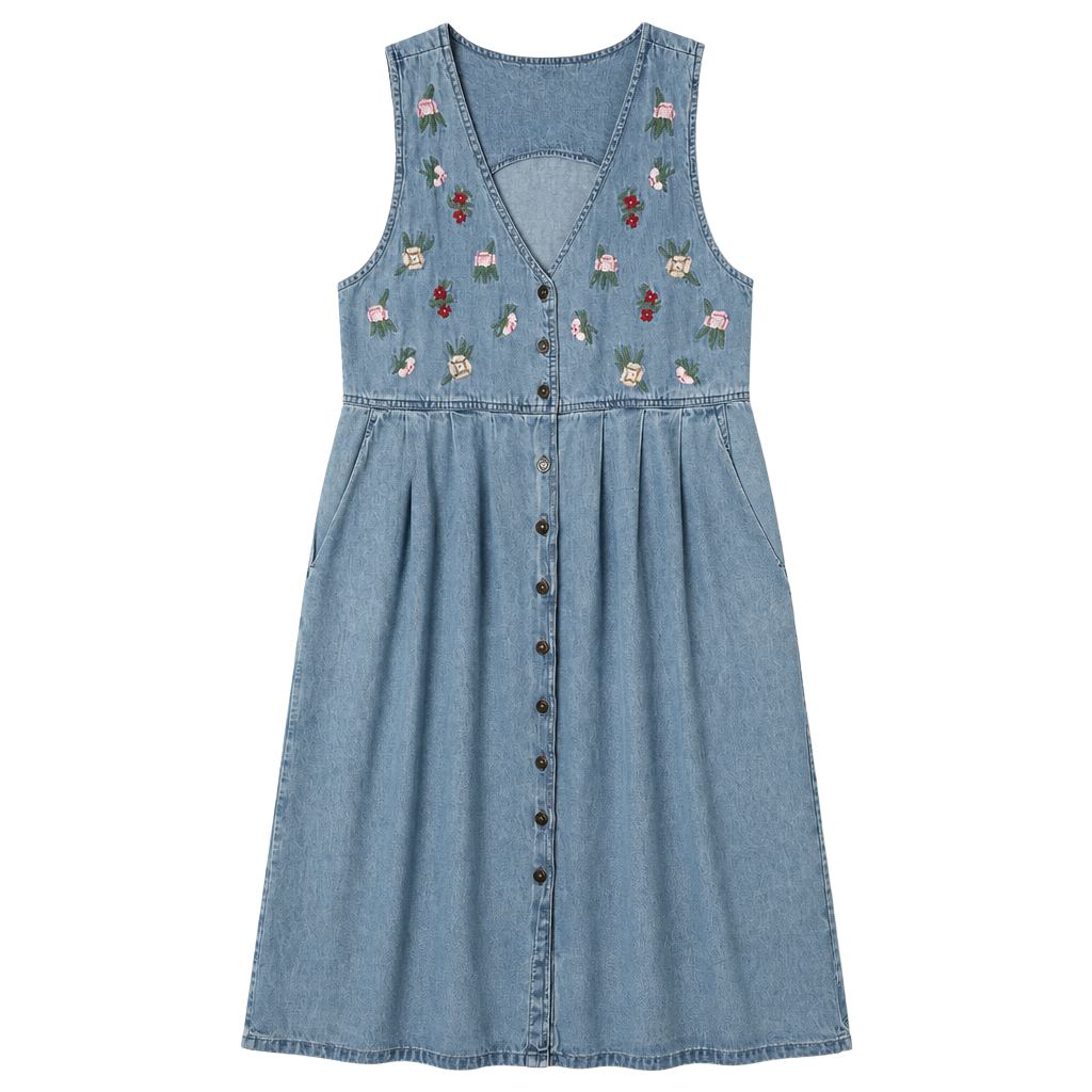 Vintage Jane Ashley Denim Button-Front Midi Dress with Floral Embroidery Medium 1