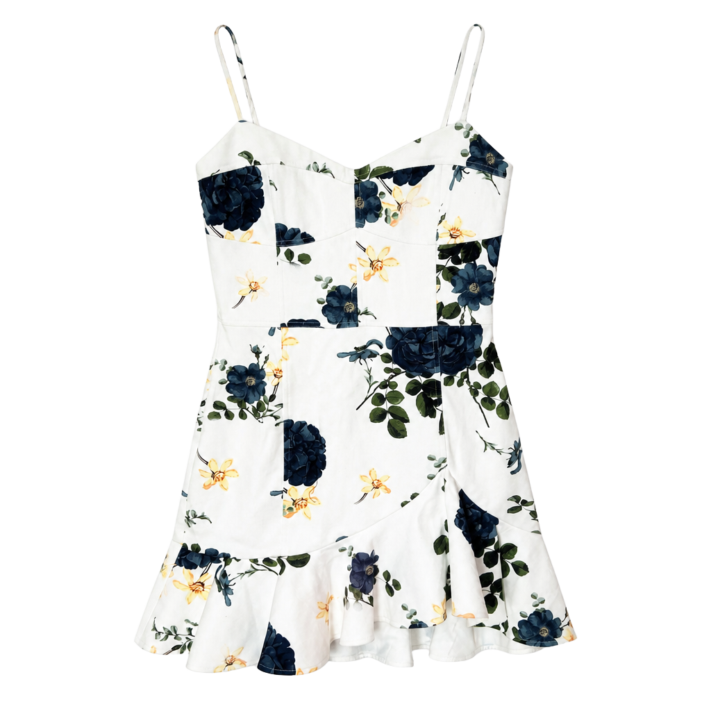Nicholas Denim Blue Rose Floral Print Frill Mini Dress W8 White/Blue 1