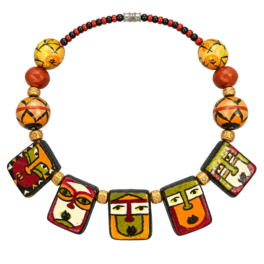 Handmade Tribal Face Painted Wooden Bead Statement Necklace 1