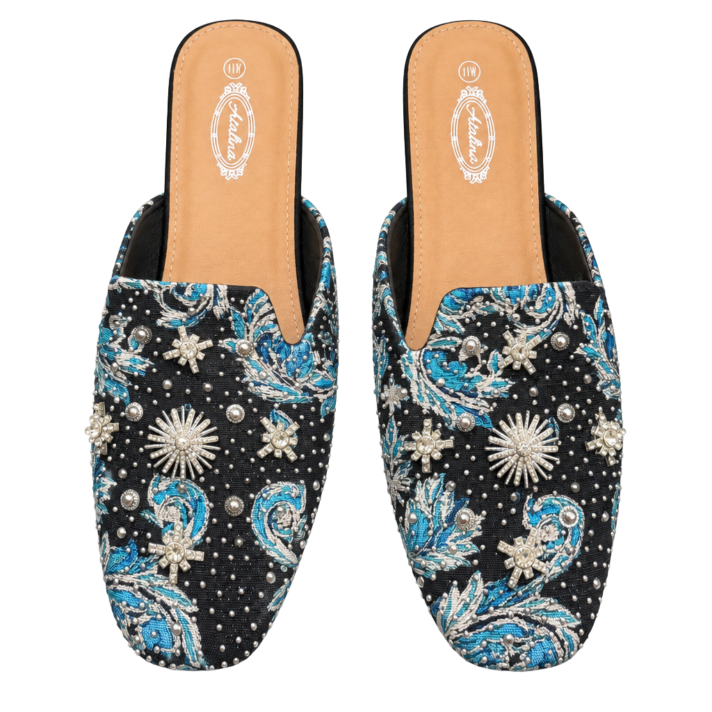 Atalina Mules Size 11W Blue Paisley Embellished 1