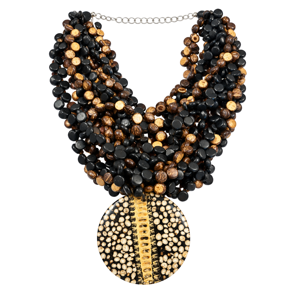 Unbranded Multi-Strand Wood and Shell Statement Necklace with Pendant 1