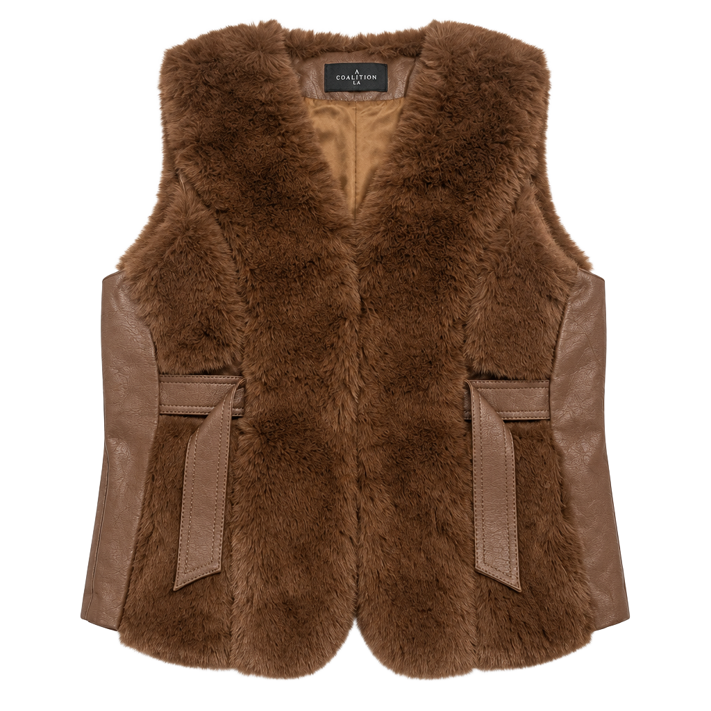 Coalition LA Faux Fur Faux Leather Vest Size XL Camel New With Tags 1