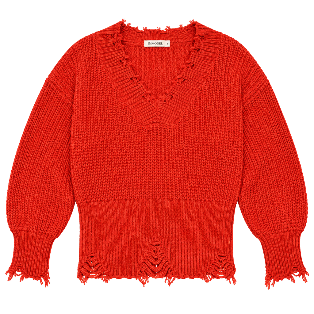 Immodel Distressed Knit Sweater Size S Red Fringe V-Neck 1