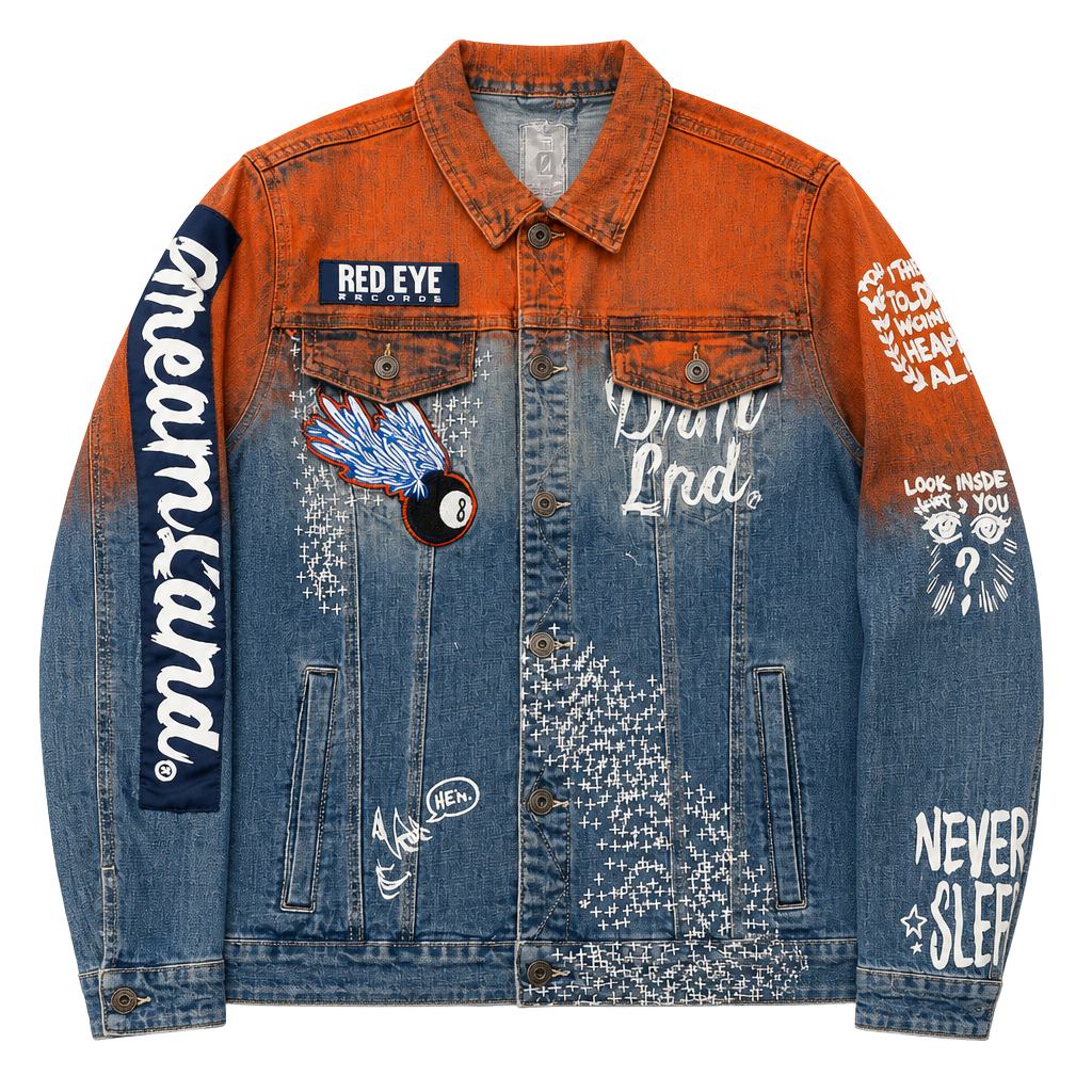 DRMLND Manifest Denim Jacket Red Eye Brigade 8-Ball Patch Size M 1