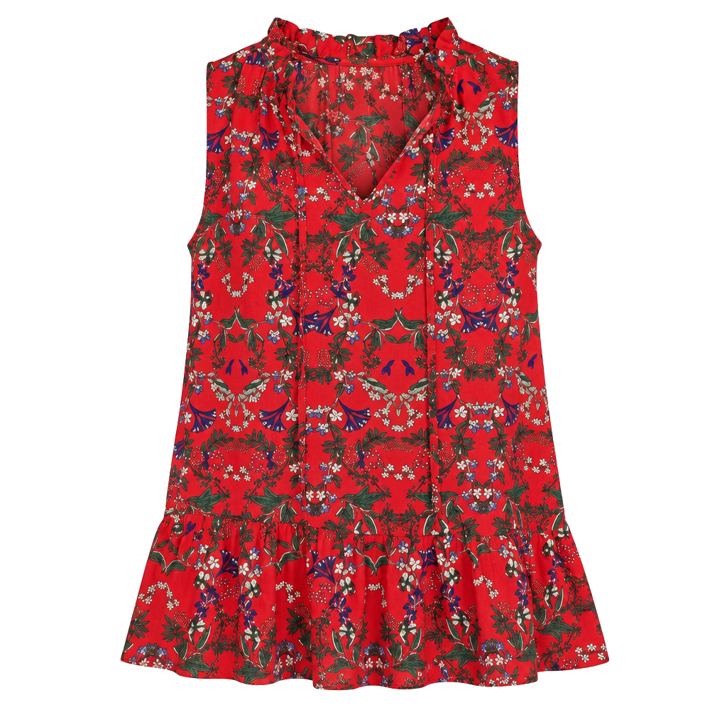 umgee Red Floral Sleeveless Ruffle Hem Blouse Top 1