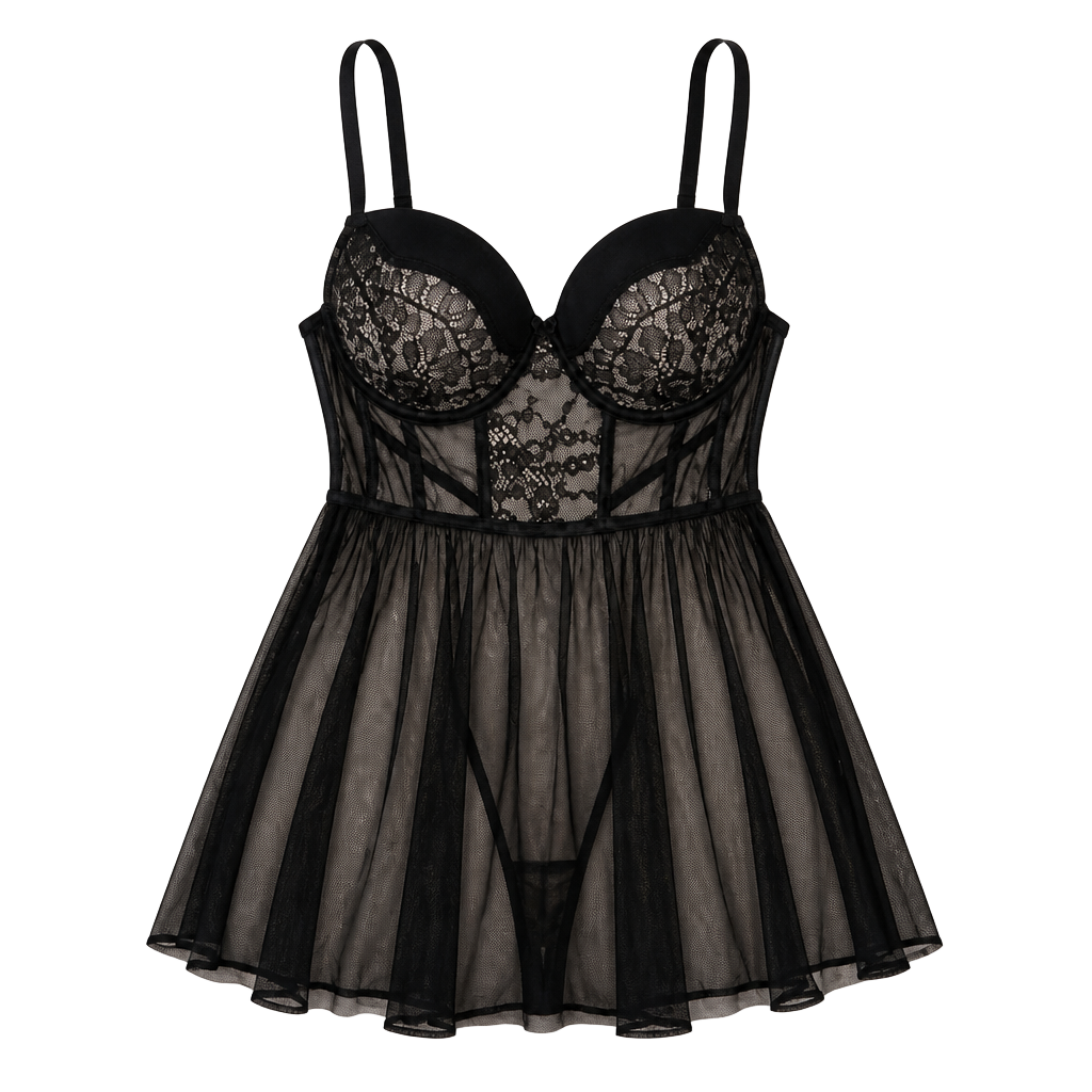 Victoria's Secret Babydoll Lingerie Women 36C Black Lace Mesh Sheer Sexy Slip 1