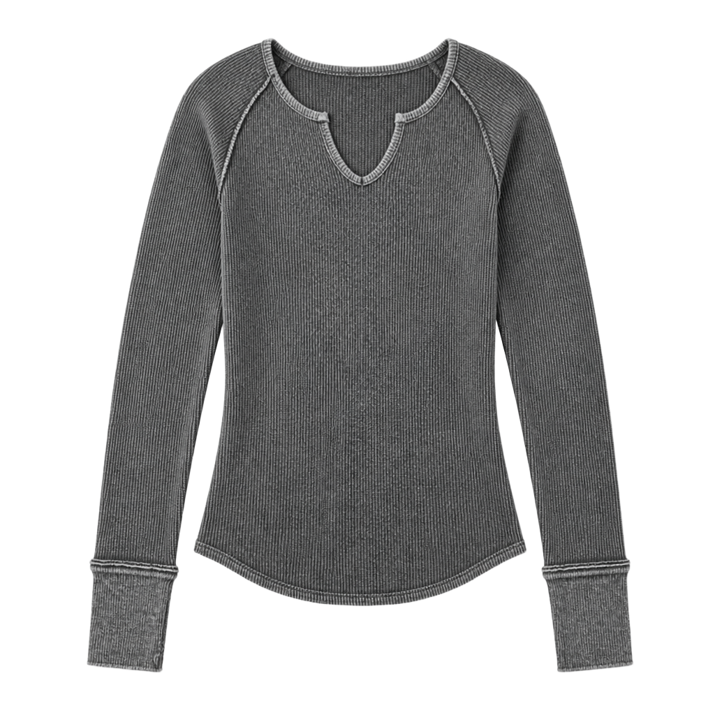 We The Free Free People Washed Charcoal Ribbed Notched Neck Long Sleeve Top XS 1