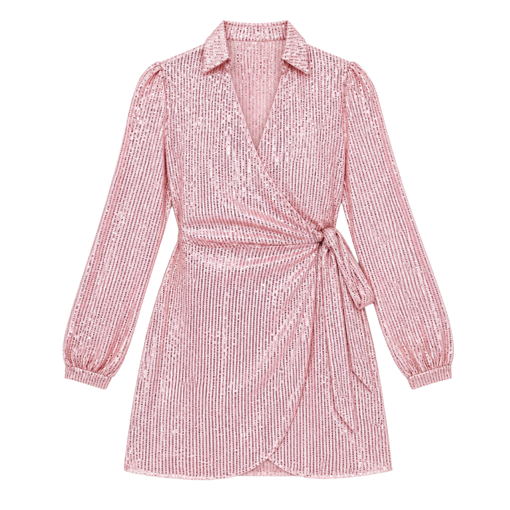 Pink Sequin Barbiecore Long Sleeve Wrap Mini Dress Tie Waist Party Cocktail Sz S 1