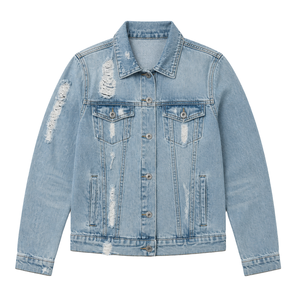 Distressed Light Wash Denim Jacket Women’s Small Ripped Back Casual Layering 1