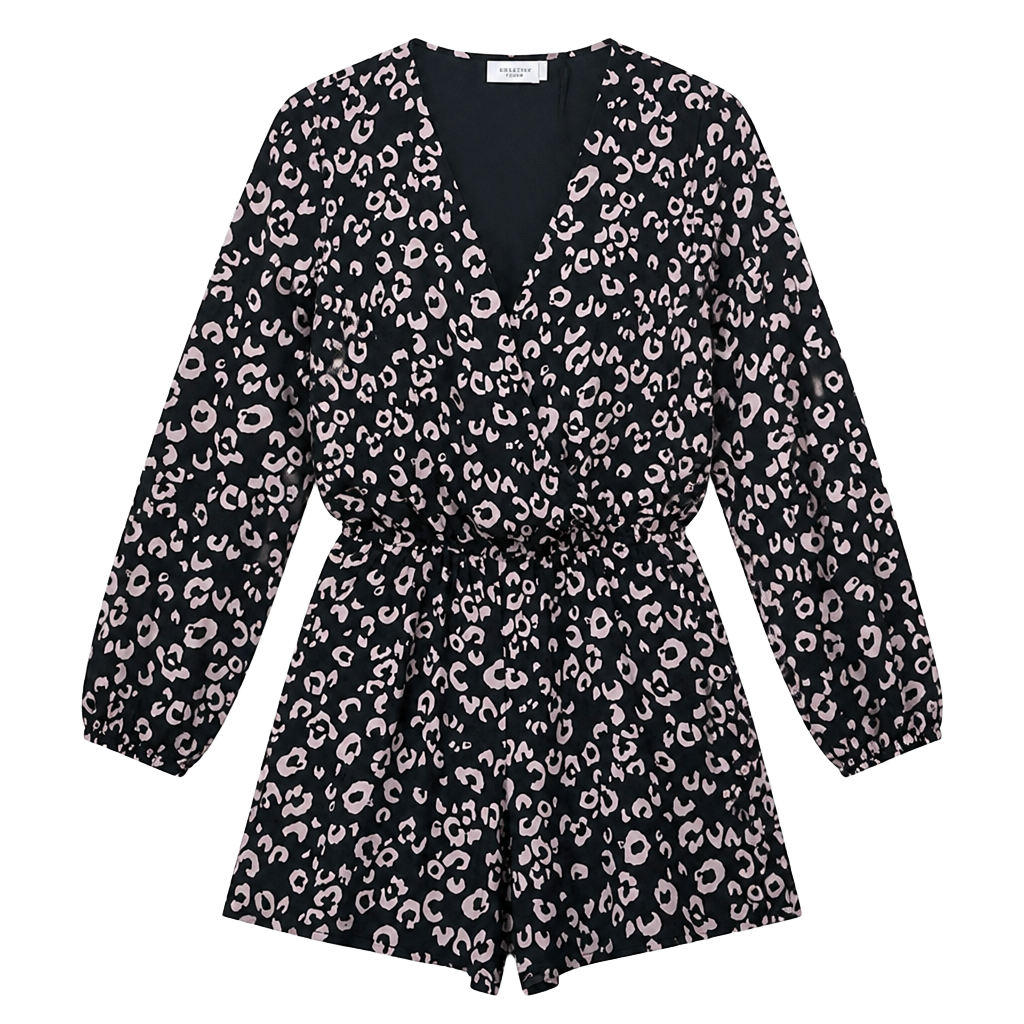 THREE EIGHTY TWO Pink & Black Leopard Long Sleeve Casual Cinched Waist Romper 1