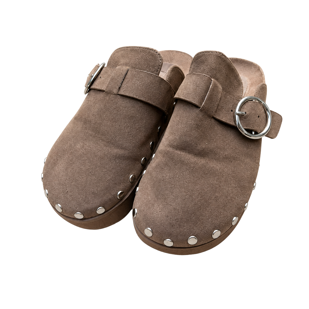 JustFab Odetta Brown Suede Studded Mule Slide Clogs with Buckle 1