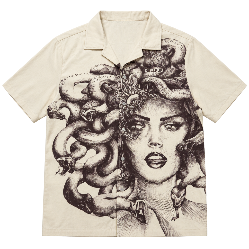 HELLPUR Short Sleeve Button Down Shirt Size M Medusa Graphic 1