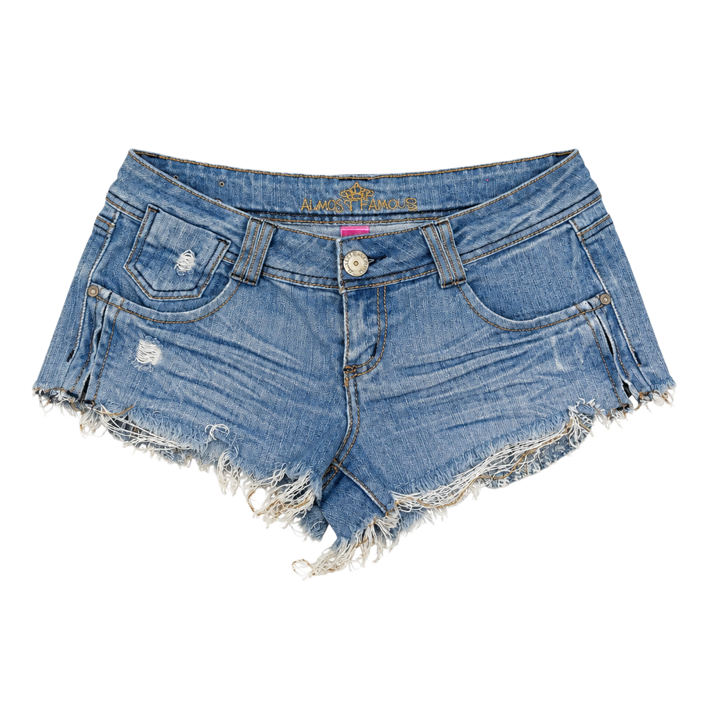 Almost Famous Denim Shorts Size 9 Blue Frayed Hem Low Rise 1