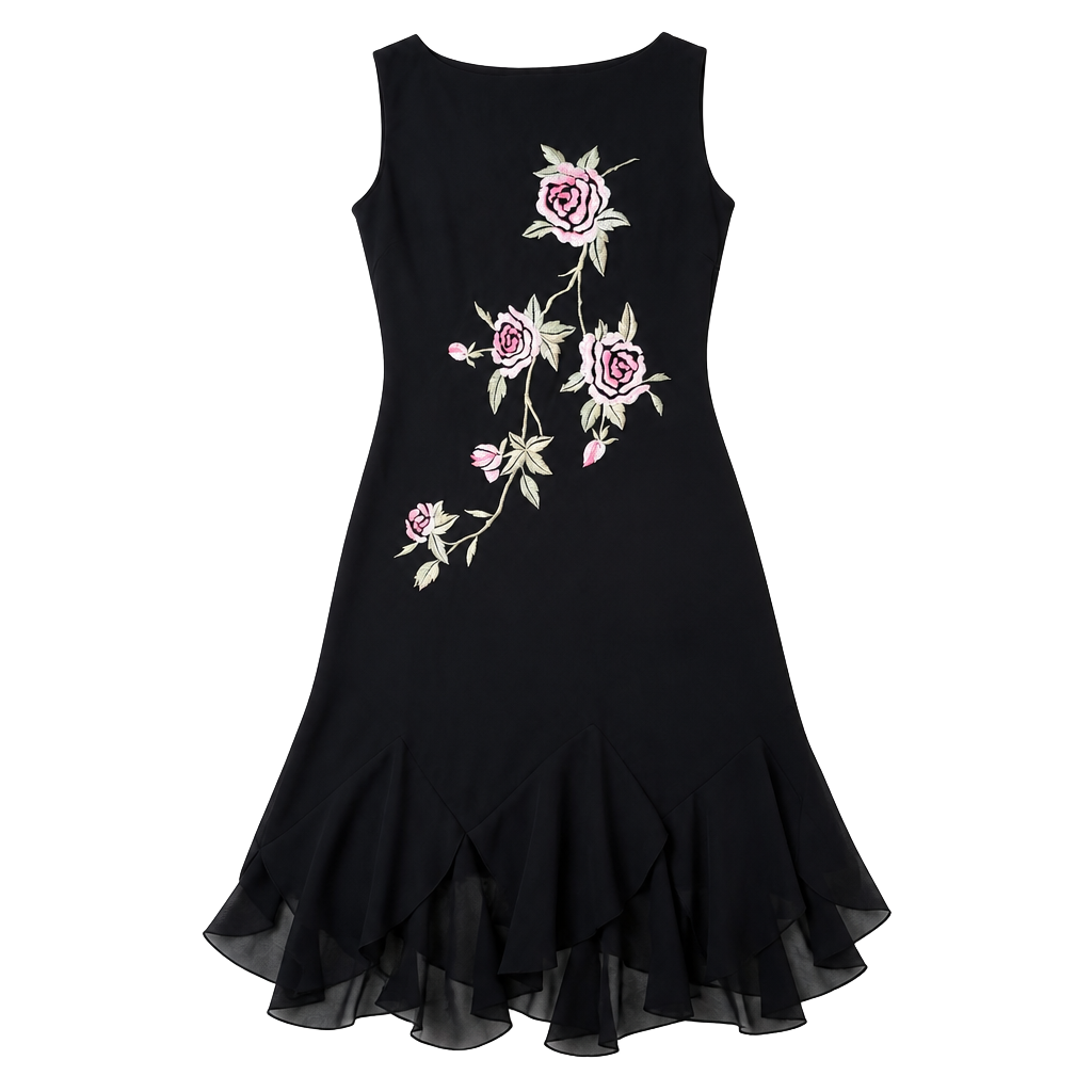 Vintage Y2K Black Embroidered Rose Midi Dress Sheer Handkerchief Hem 1