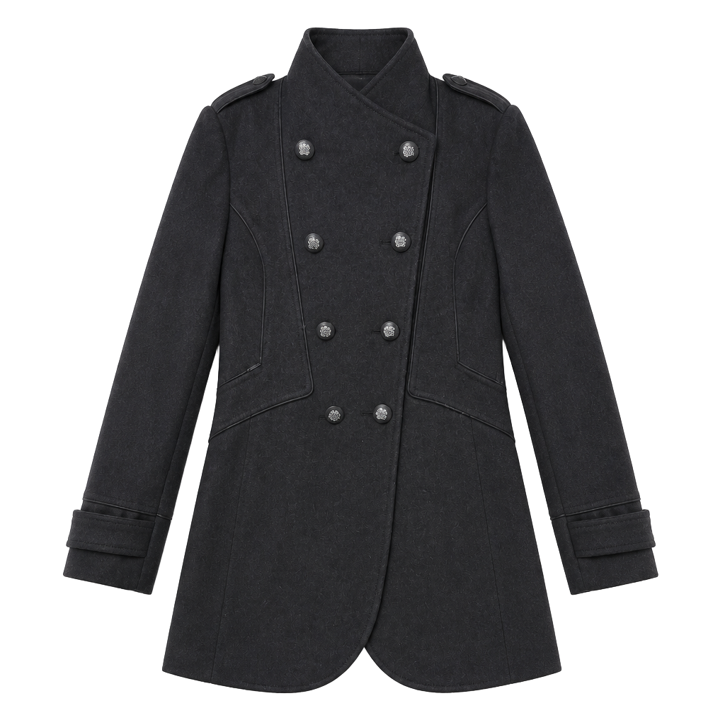 Vintage Guess Black Wool Blend Military Double Breasted Coat Large 1