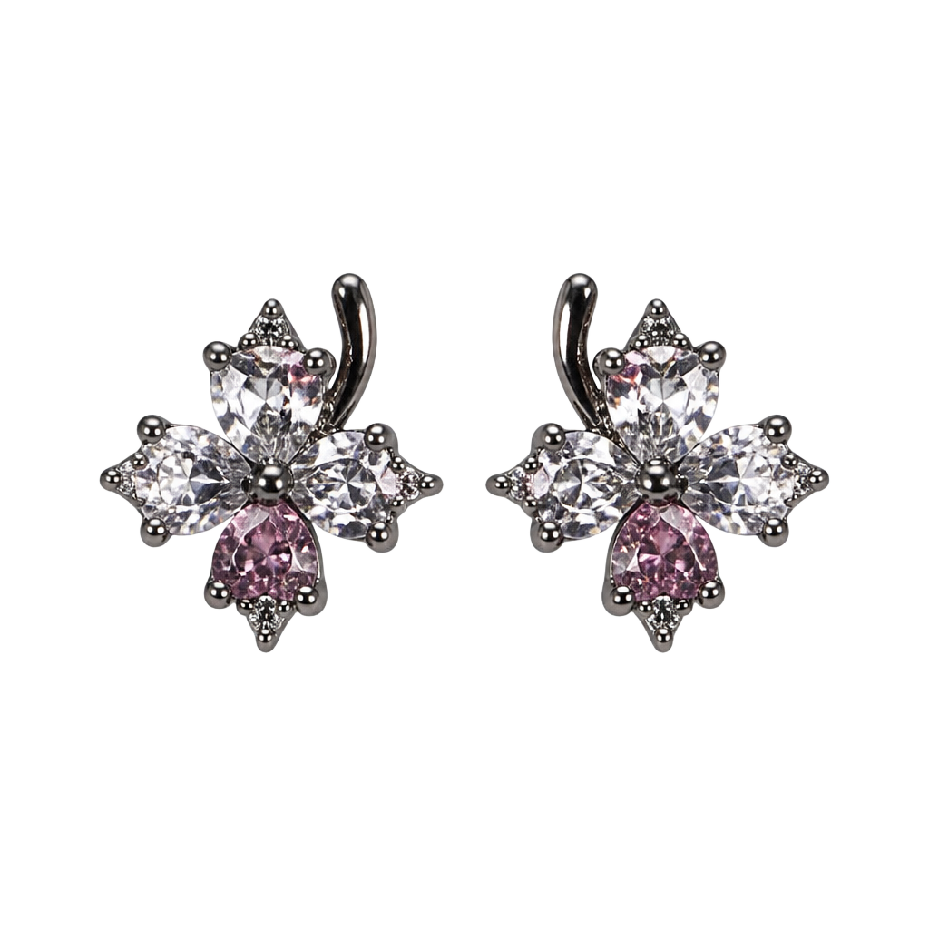 Small diamond Flower Shaped Stud Earrings with Pink Accents 1