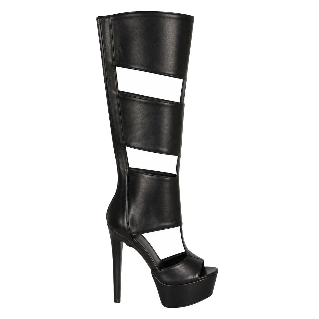 Women Black Cutout Knee High Platform Stiletto Heel Boots 1