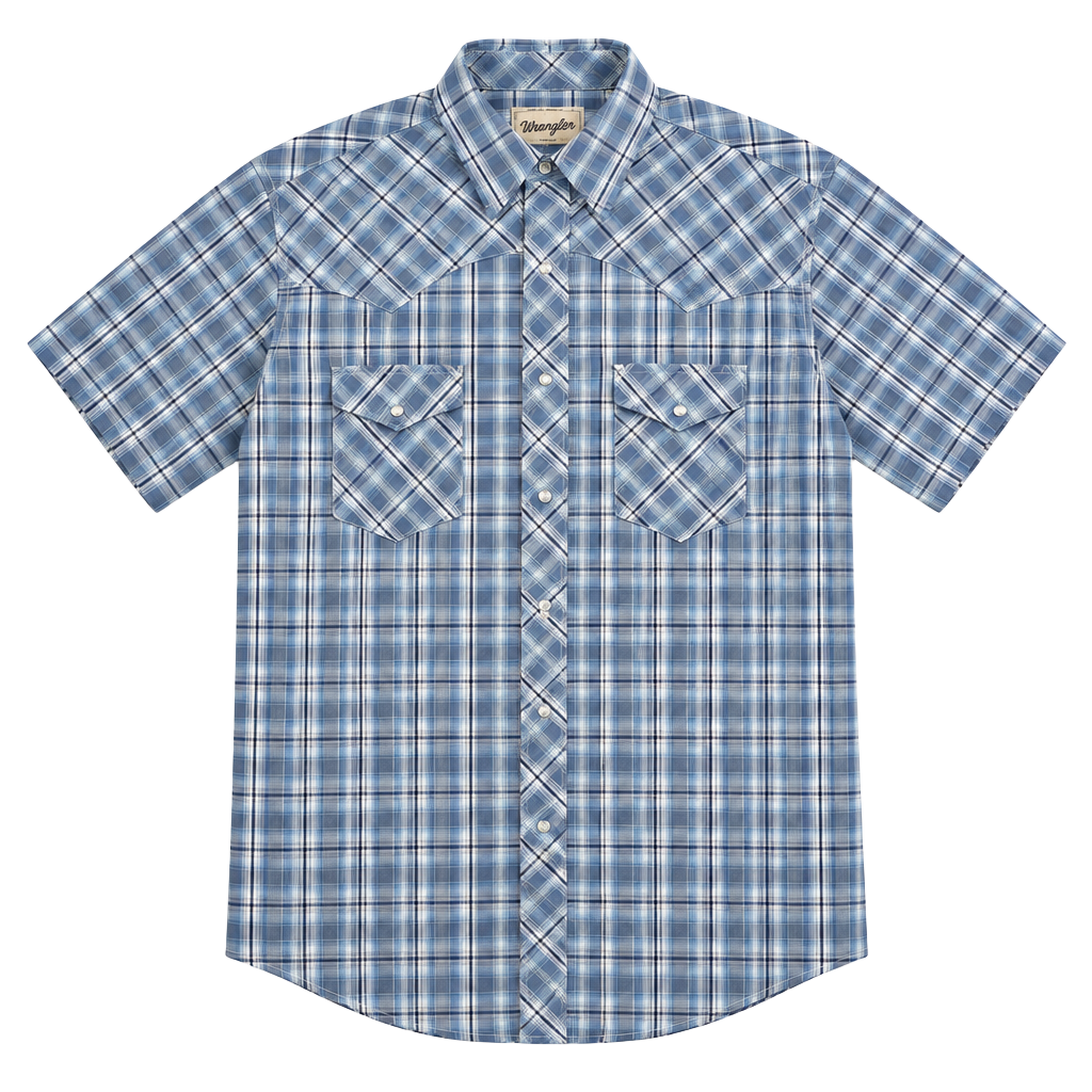 Wrangler Western Shirt Size L Blue Plaid Short Sleeve 1